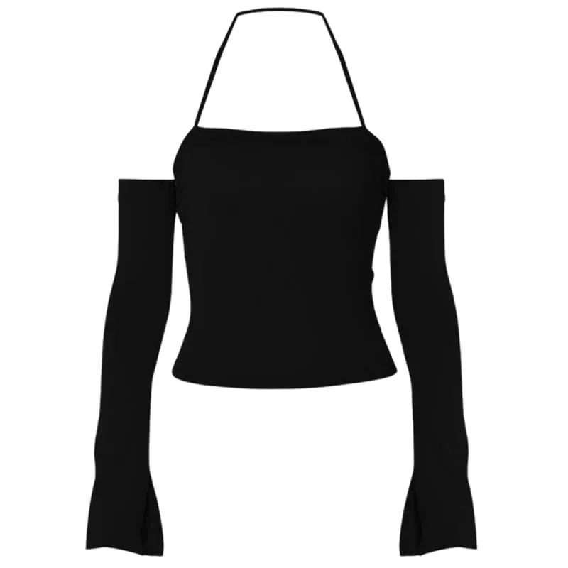 Long sleeve halter ruched off shoulder solid backless top