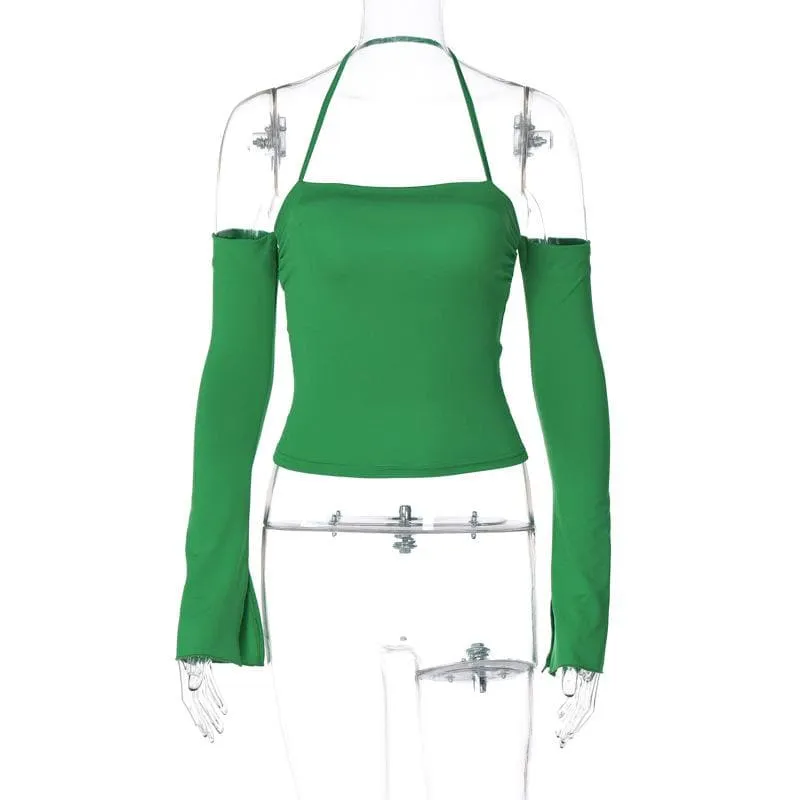 Long sleeve halter ruched off shoulder solid backless top