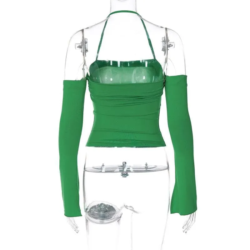 Long sleeve halter ruched off shoulder solid backless top