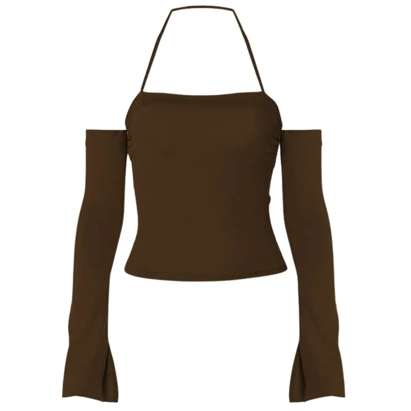 Long sleeve halter ruched off shoulder solid backless top