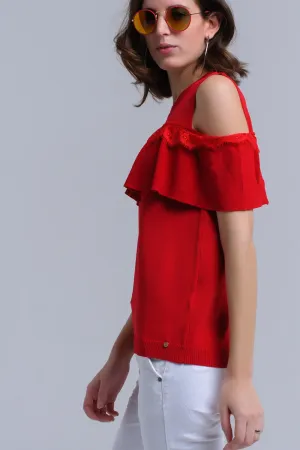 Red cold shoulder sweater with ruffle and lace