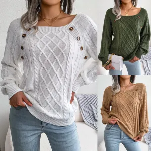 Rhombus Casual Square Collar Twist Knitted Sweater Women's Pullover