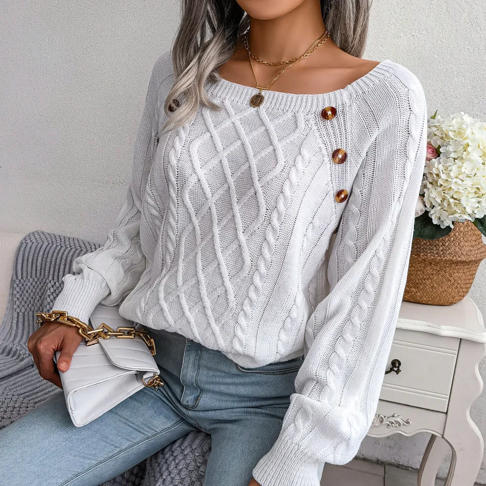 Rhombus Casual Square Collar Twist Knitted Sweater Women's Pullover