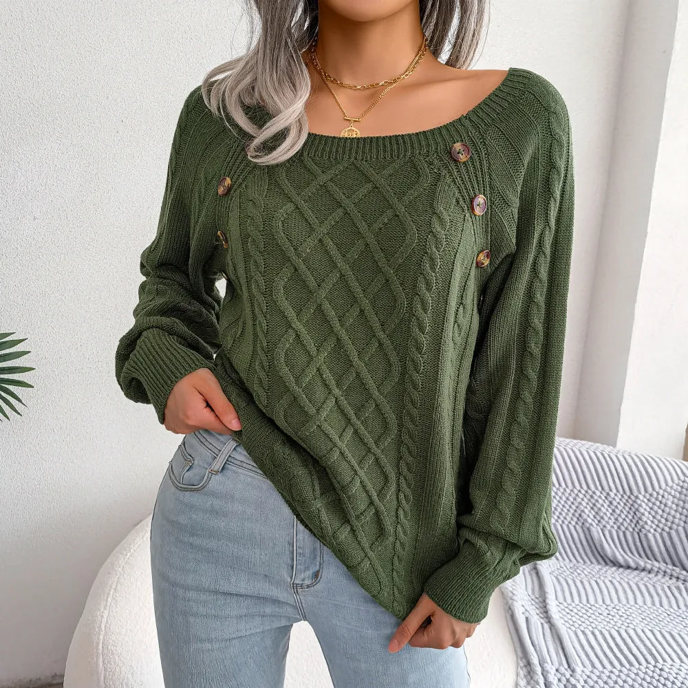 Rhombus Casual Square Collar Twist Knitted Sweater Women's Pullover