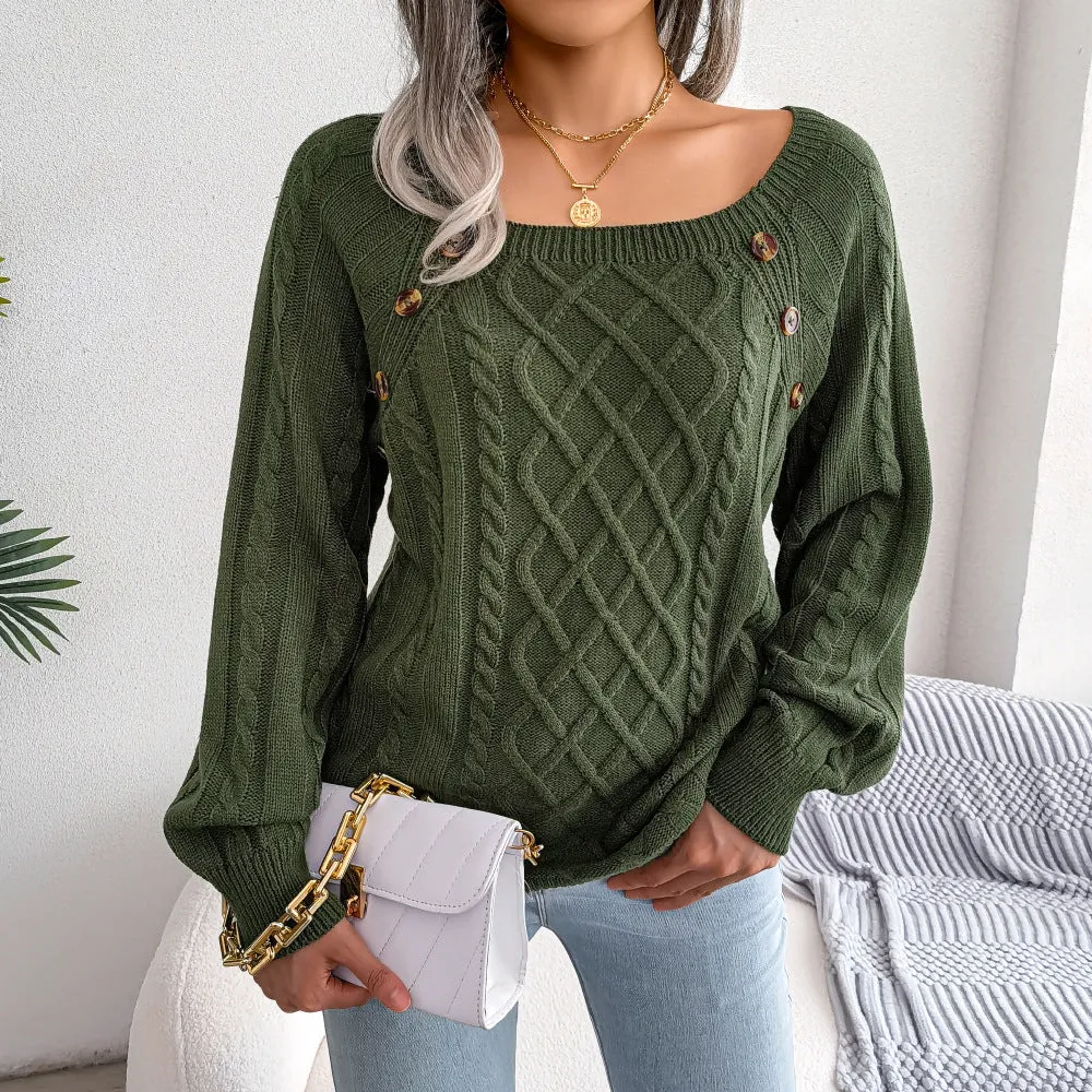 Rhombus Casual Square Collar Twist Knitted Sweater Women's Pullover