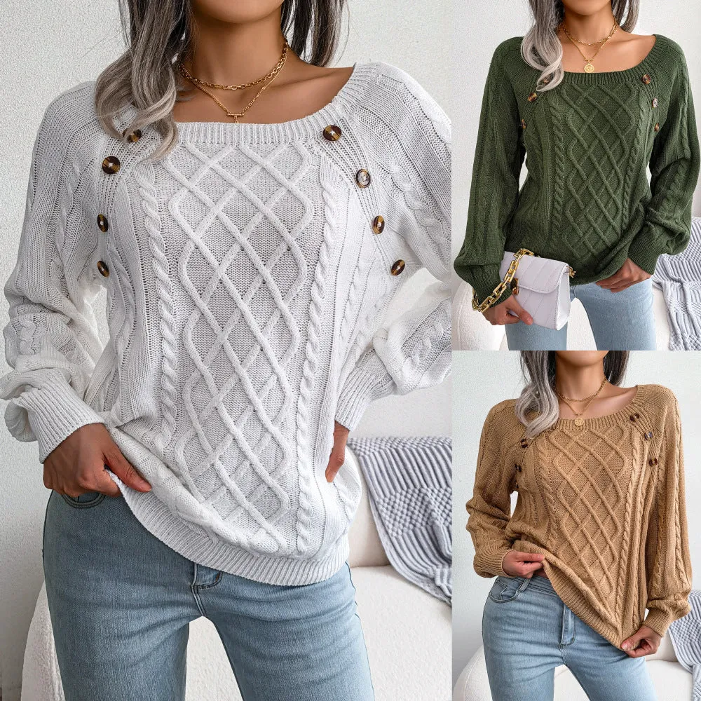 Rhombus Casual Square Collar Twist Knitted Sweater Women's Pullover