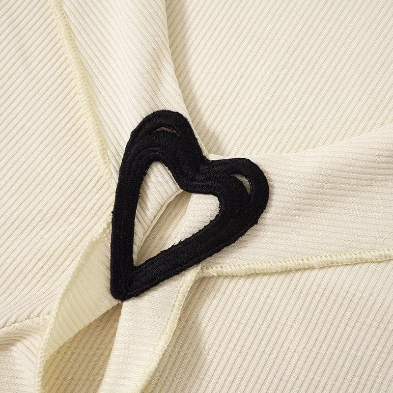 Ribbed flared sleeve heart applique ruffle v neck crop top