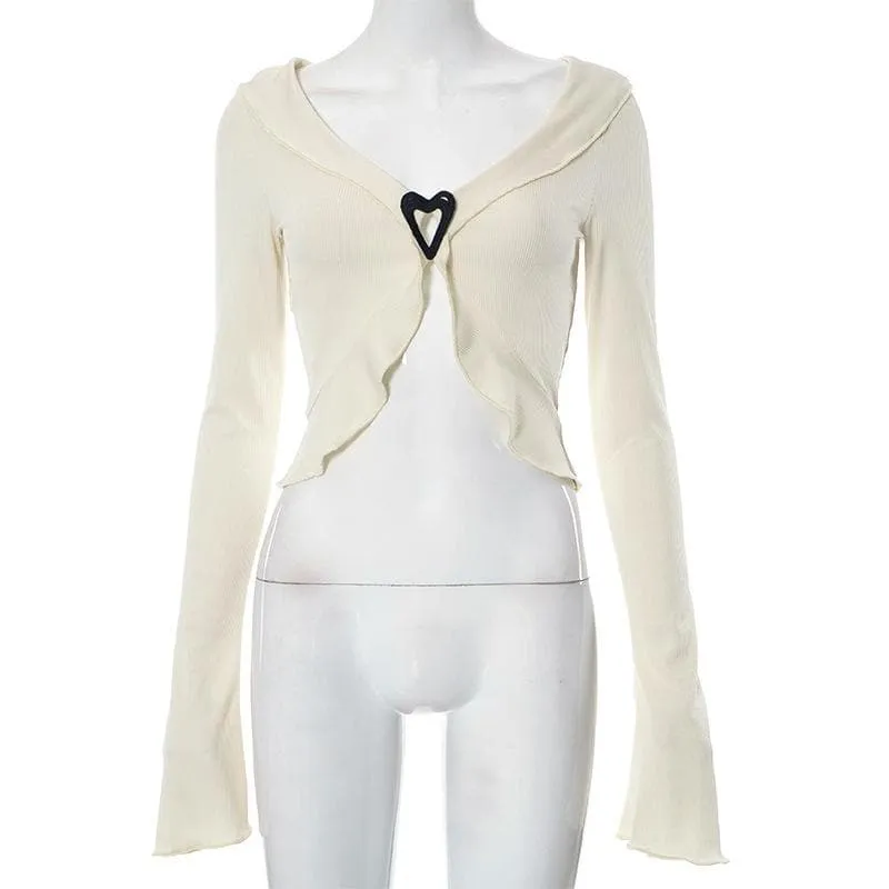 Ribbed flared sleeve heart applique ruffle v neck crop top