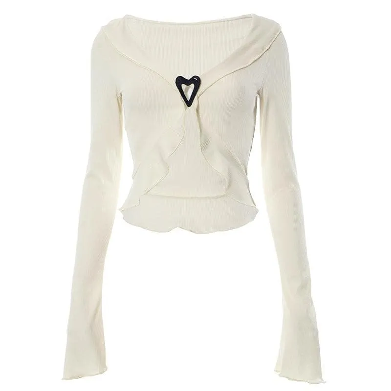 Ribbed flared sleeve heart applique ruffle v neck crop top