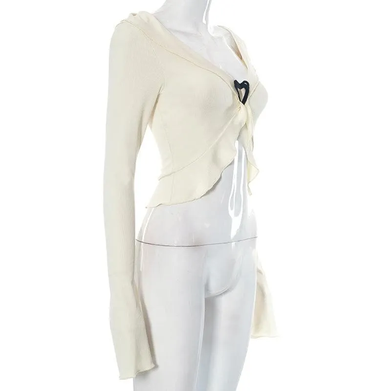 Ribbed flared sleeve heart applique ruffle v neck crop top