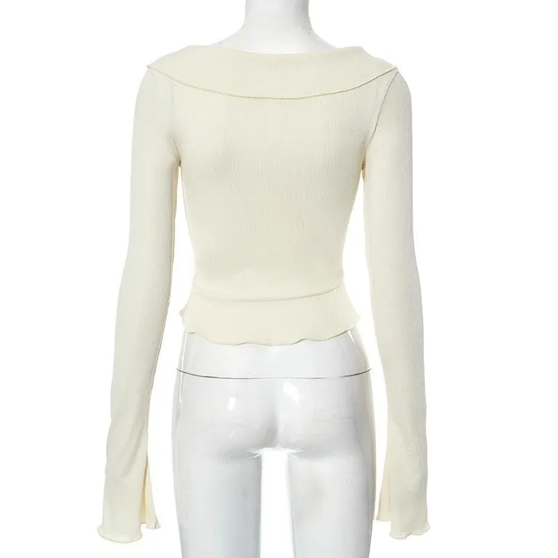 Ribbed flared sleeve heart applique ruffle v neck crop top