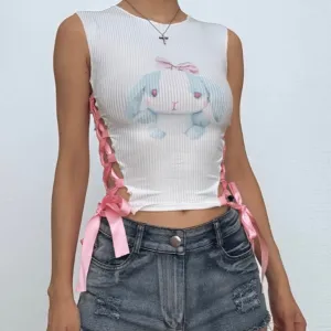 Ribbed self tie lace up contrast rabbit pattern sleeveless crop top