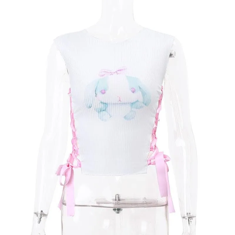 Ribbed self tie lace up contrast rabbit pattern sleeveless crop top
