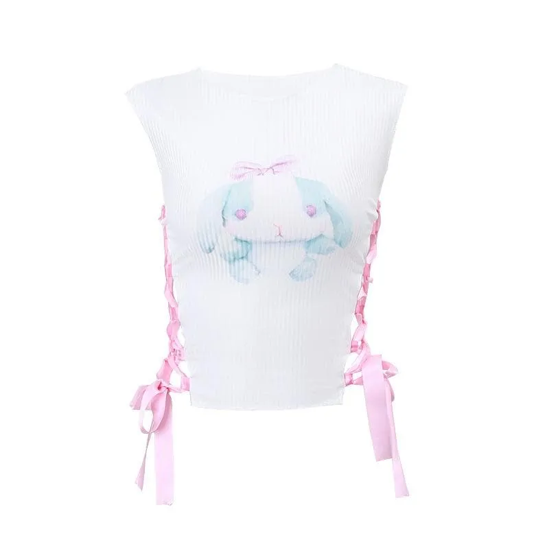 Ribbed self tie lace up contrast rabbit pattern sleeveless crop top