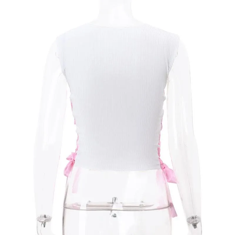 Ribbed self tie lace up contrast rabbit pattern sleeveless crop top