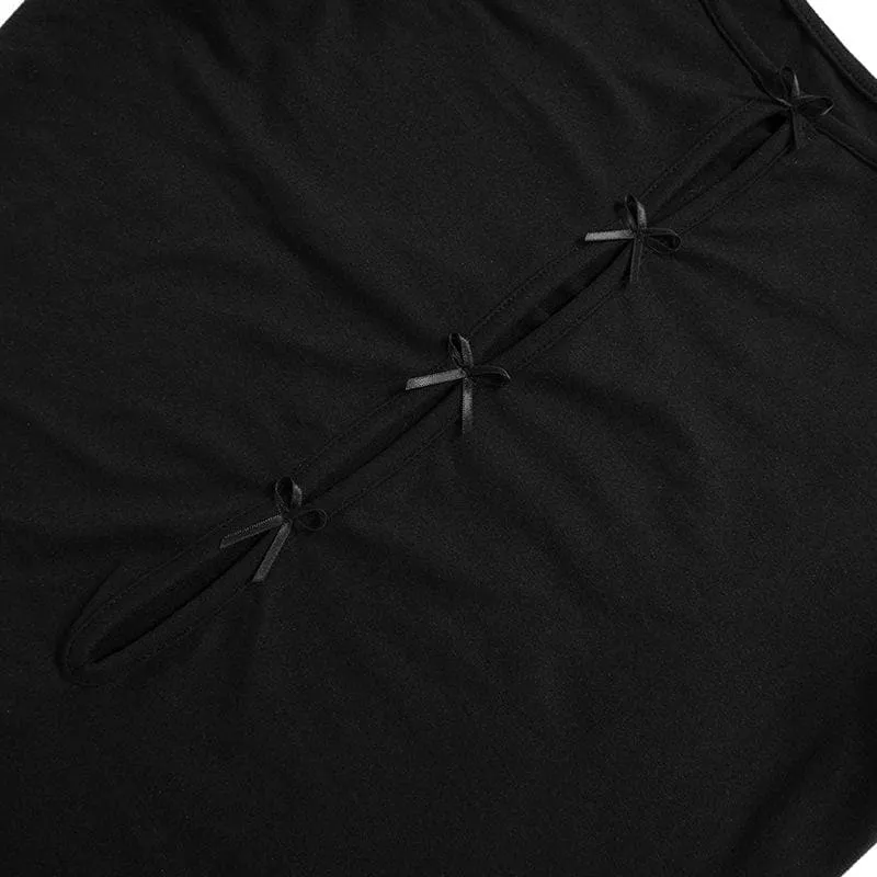 Round neck bowknot hollow out long sleeve solid cut out top