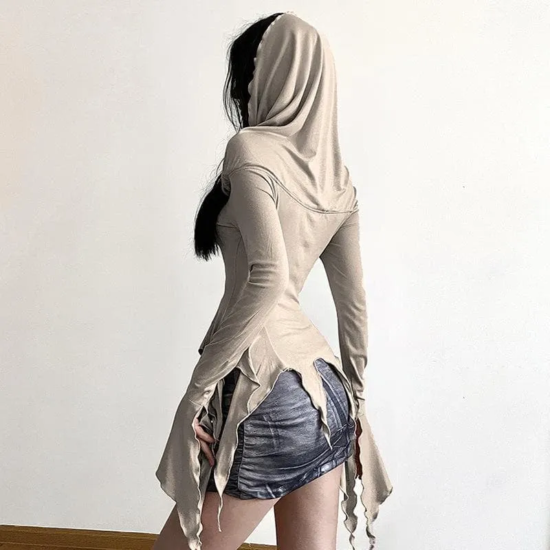 Ruffle long flared sleeve ruched off shoulder solid hoodie 2-way top