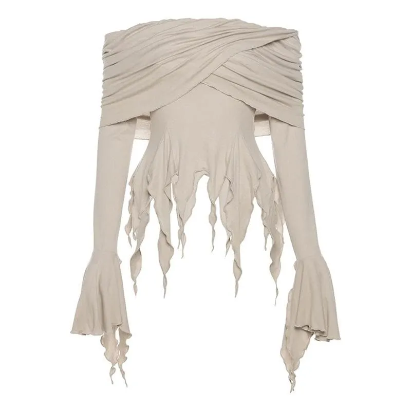 Ruffle long flared sleeve ruched off shoulder solid hoodie 2-way top