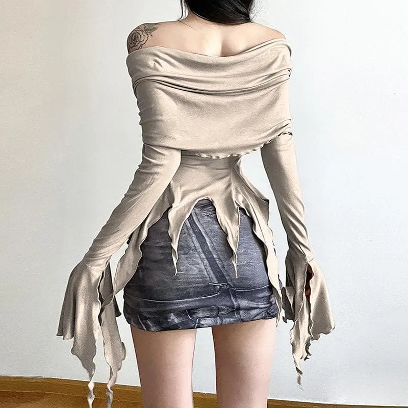 Ruffle long flared sleeve ruched off shoulder solid hoodie 2-way top