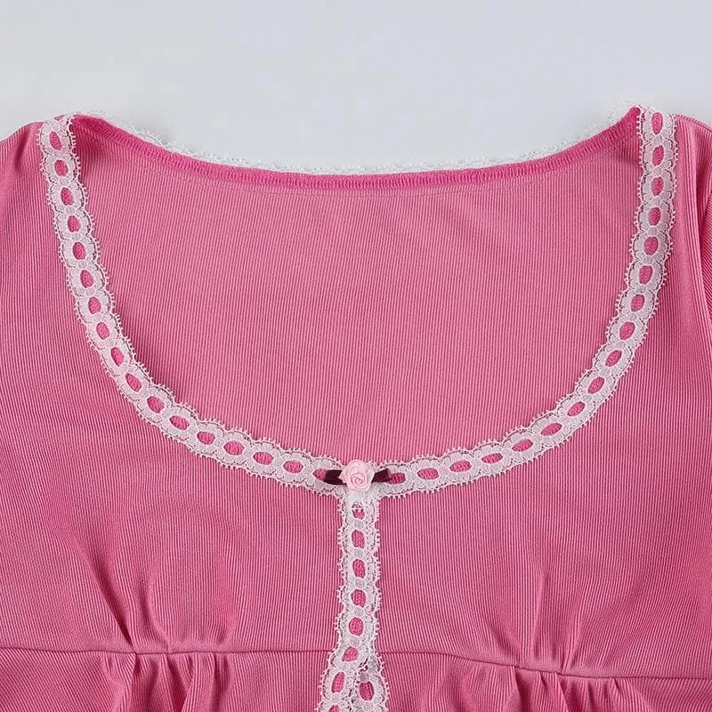Ruffle long sleeve u neck lace hem slit contrast crop top