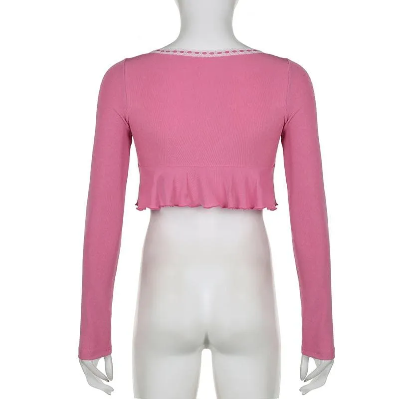 Ruffle long sleeve u neck lace hem slit contrast crop top