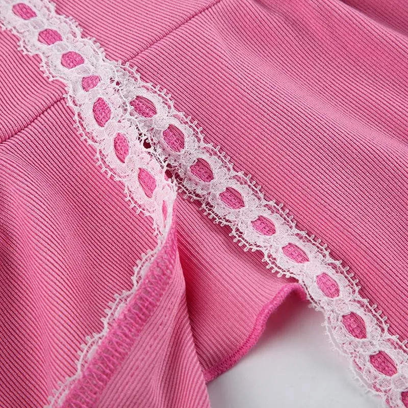 Ruffle long sleeve u neck lace hem slit contrast crop top