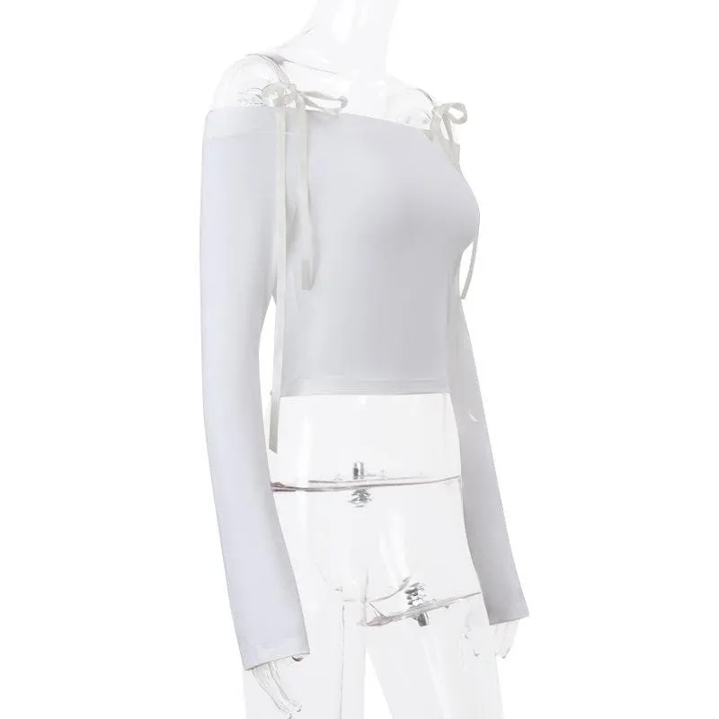 Self tie off shoulder long sleeve solid top