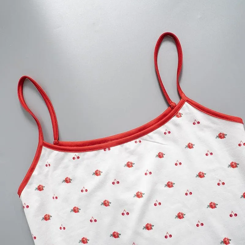 Self tie u neck cherry print contrast backless cami top