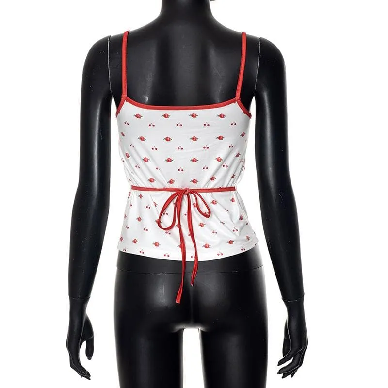 Self tie u neck cherry print contrast backless cami top
