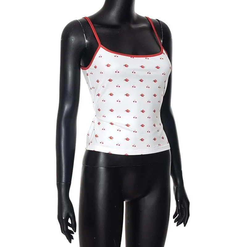 Self tie u neck cherry print contrast backless cami top