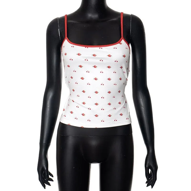 Self tie u neck cherry print contrast backless cami top