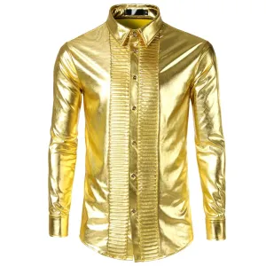Shiny Clean Metallic with Pleated pattern Button Line Men Shirt