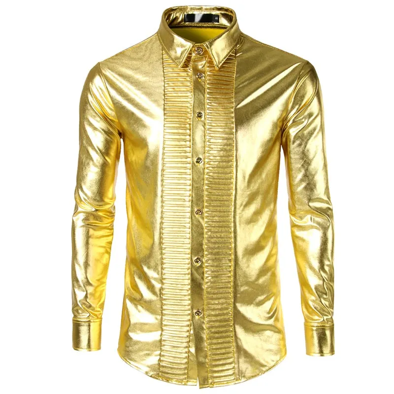 Shiny Clean Metallic with Pleated pattern Button Line Men Shirt