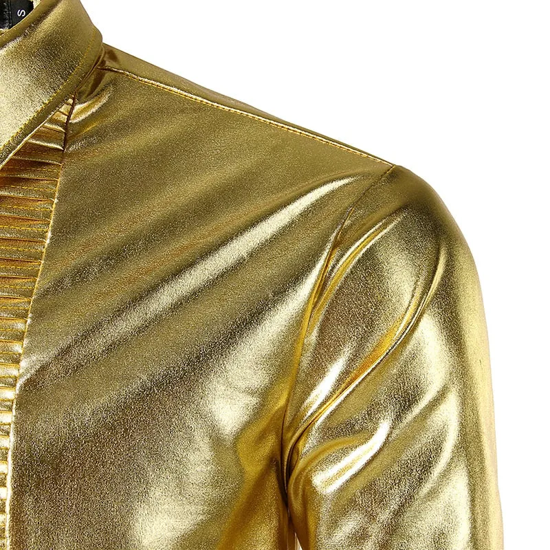 Shiny Clean Metallic with Pleated pattern Button Line Men Shirt