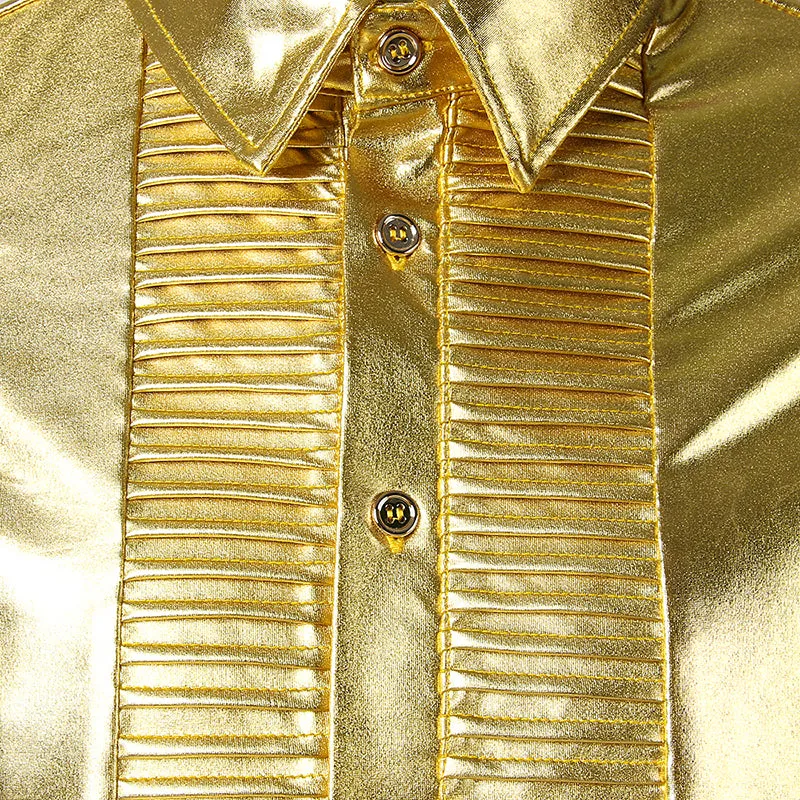 Shiny Clean Metallic with Pleated pattern Button Line Men Shirt