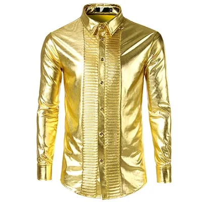 Shiny Clean Metallic with Pleated pattern Button Line Men Shirt