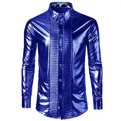 Shiny Clean Metallic with Pleated pattern Button Line Men Shirt