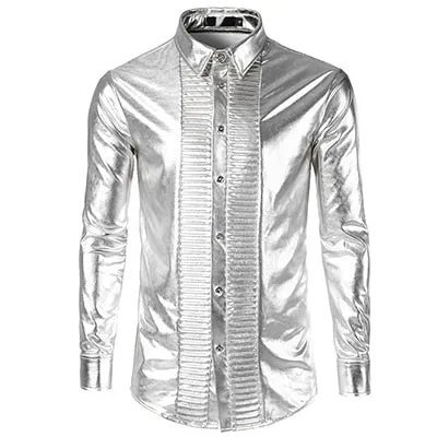 Shiny Clean Metallic with Pleated pattern Button Line Men Shirt