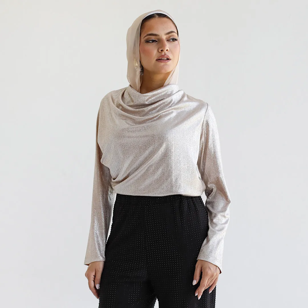Silver metallic drape neck blouse