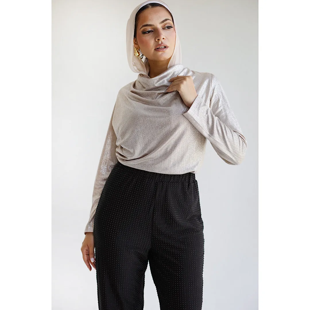 Silver metallic drape neck blouse