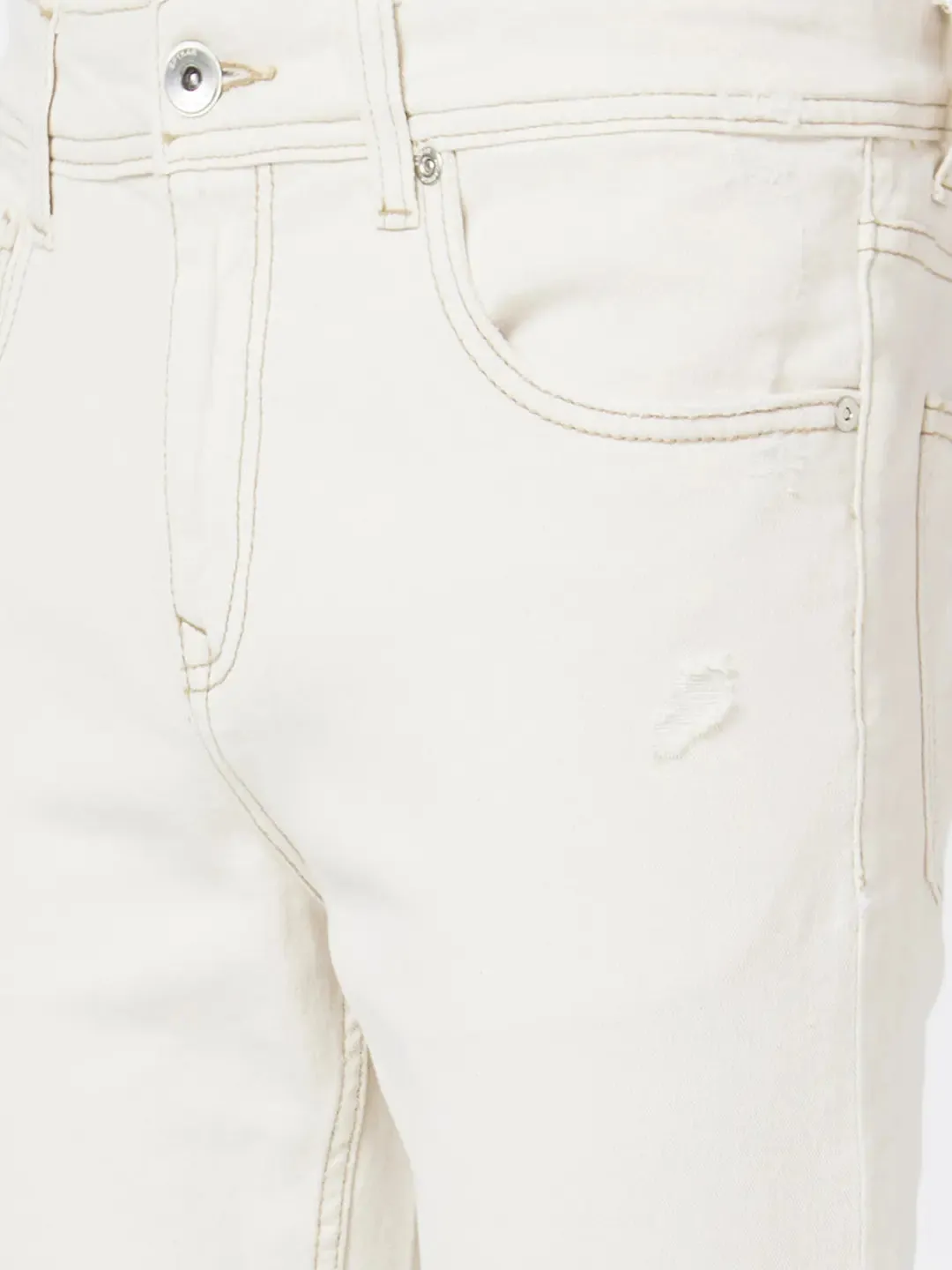 Spykar Men Off White Cotton Slim Fit Narrow Length Low Distressed Low Rise Jeans (Skinny)