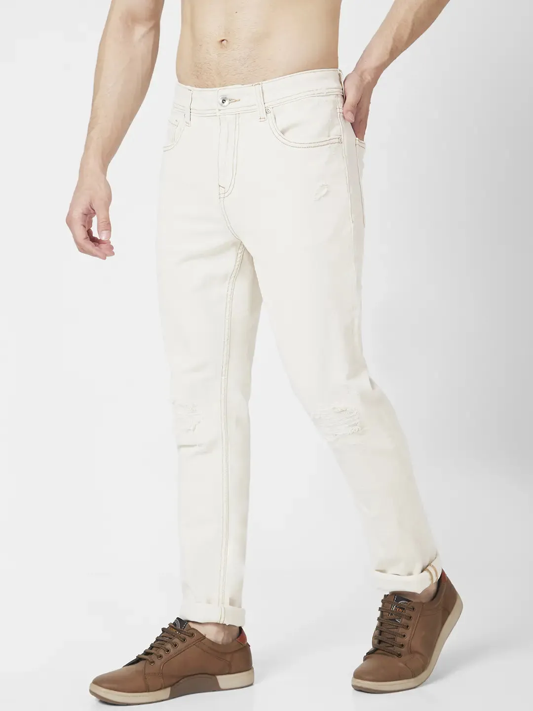 Spykar Men Off White Cotton Slim Fit Narrow Length Low Distressed Low Rise Jeans (Skinny)