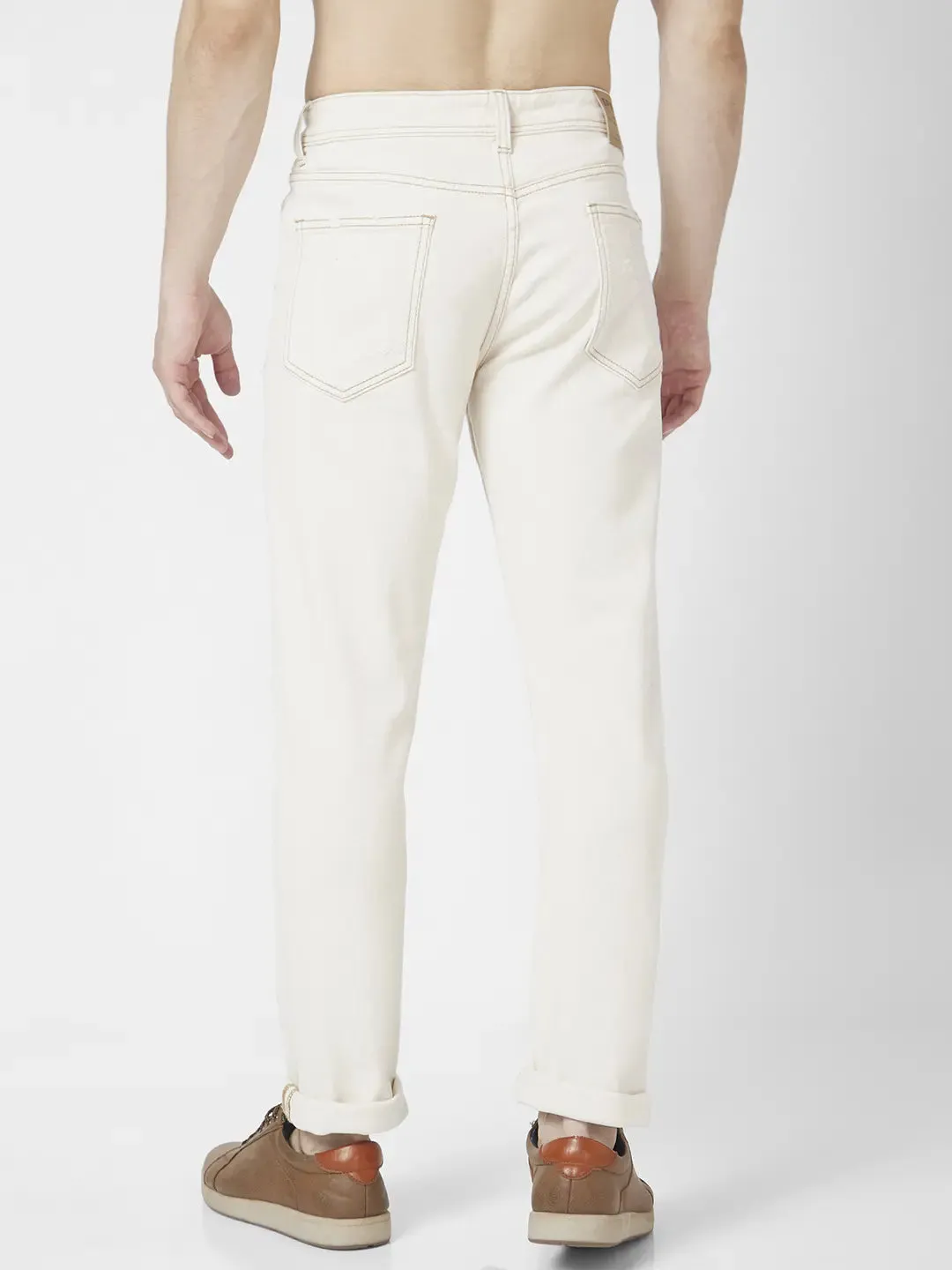 Spykar Men Off White Cotton Slim Fit Narrow Length Low Distressed Low Rise Jeans (Skinny)