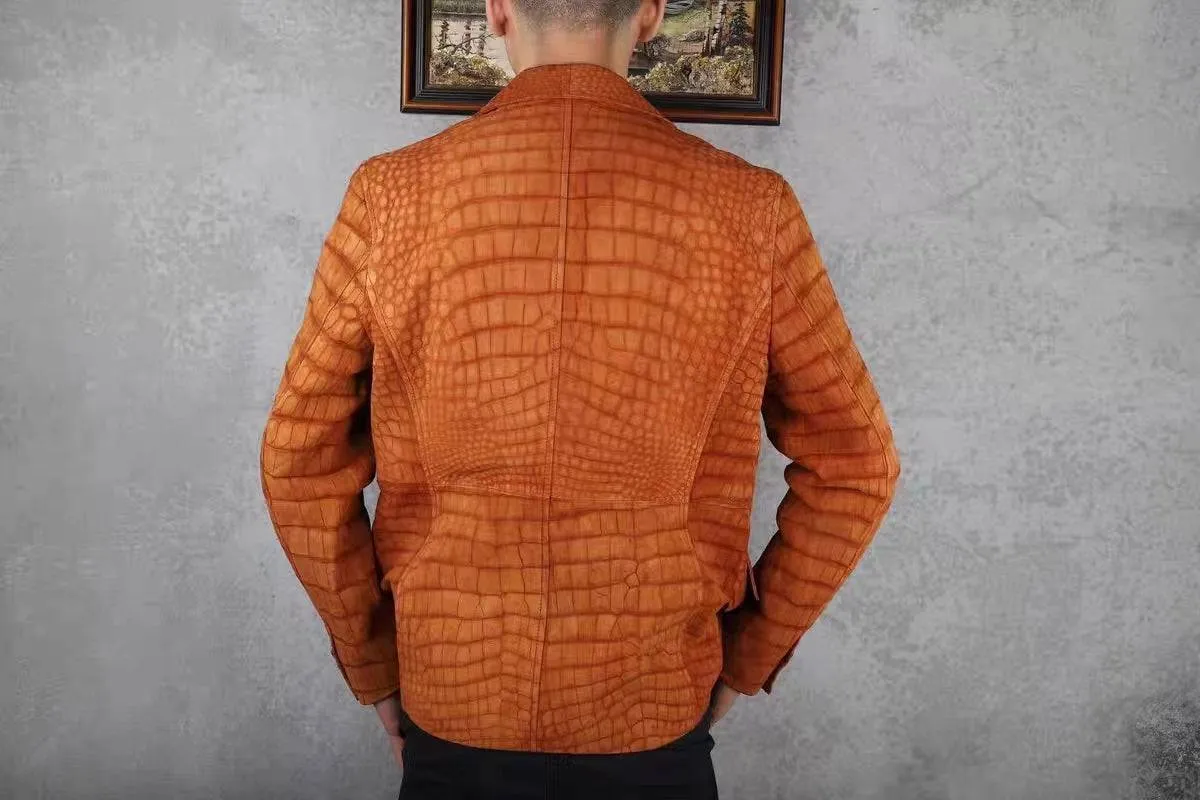 Stylish Orange Nubuck Crocodile Leather Suite Blazer