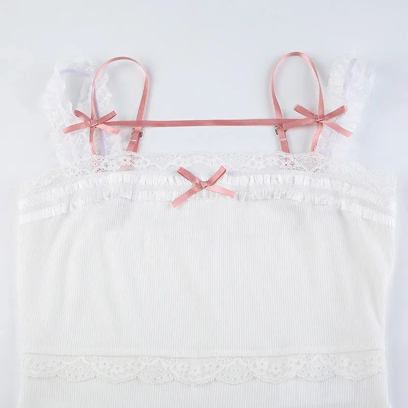 Sweet White Bow Crop Lace Patched Top