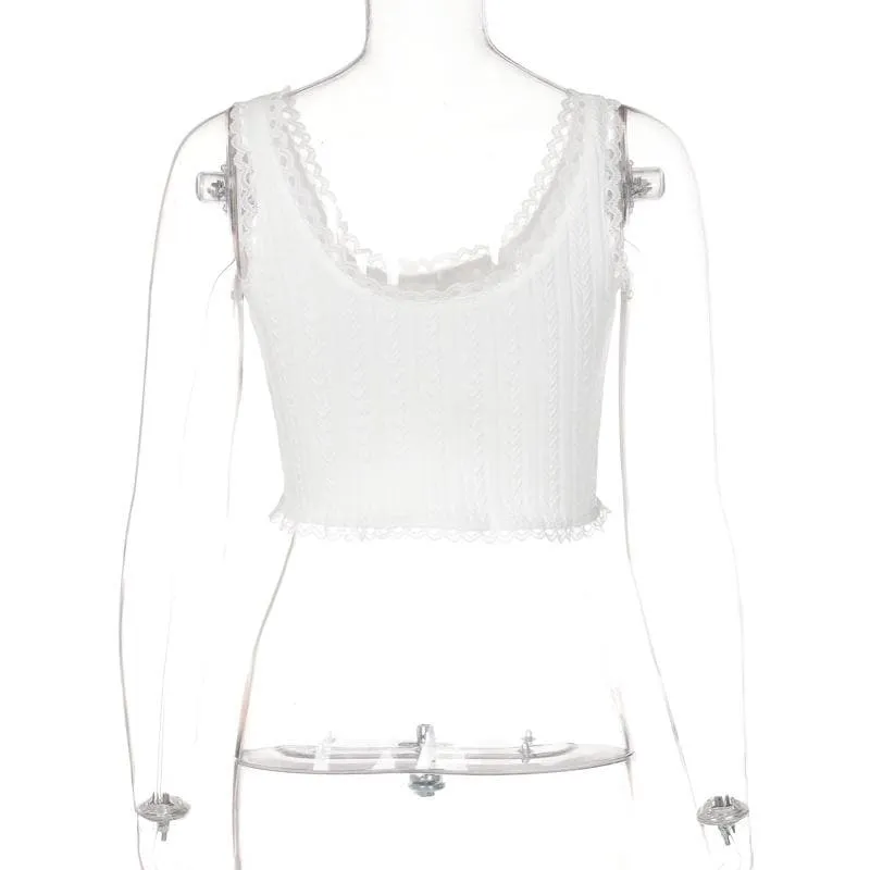 Textured lace hem solid u neck sleeveless crop top