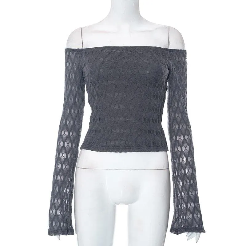 Textured solid off shoulder long sleeve top