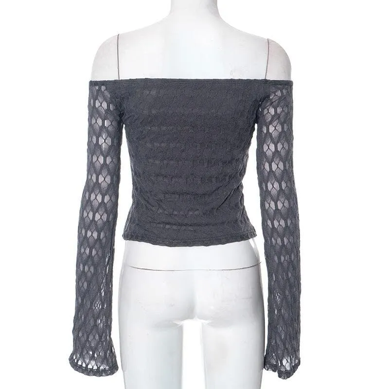 Textured solid off shoulder long sleeve top