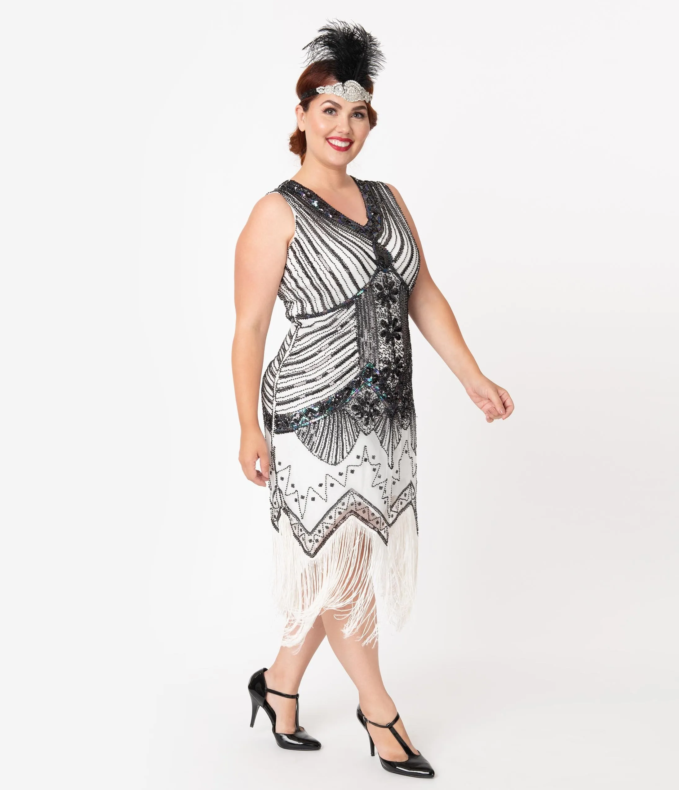 Unique Vintage Plus Size 1920s Deco White & Black Sequin Veronique Fringe Flapper Dress