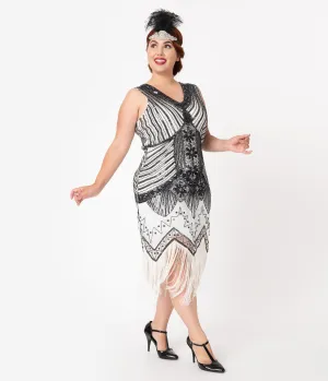 Unique Vintage Plus Size 1920s Deco White & Black Sequin Veronique Fringe Flapper Dress